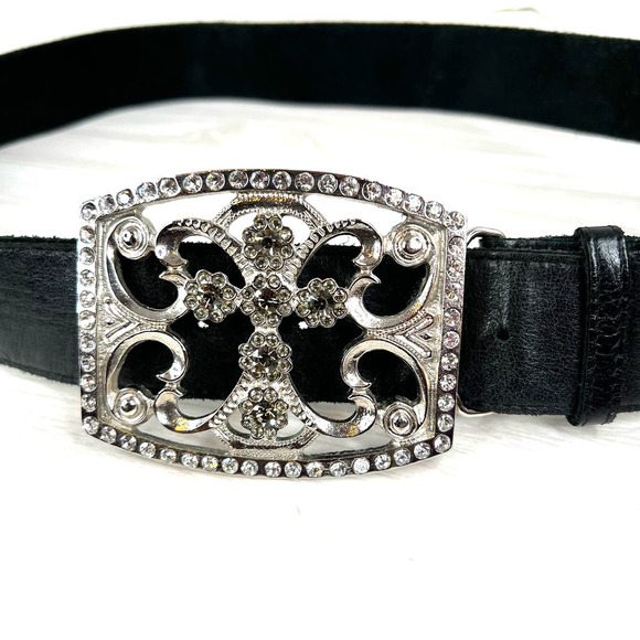 Bebe Cross Buckle Black Leather Belt Rhinestone Studded Women's Size S/M - Picture 1 of 14